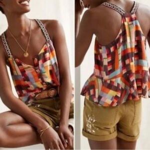 Anthropologie Pilcro plaid button front ruffle hem tank top XS